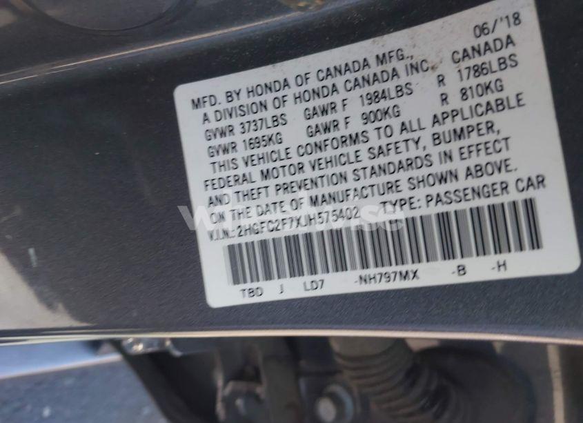 Photo 9 of 2018 Honda Civic EX (VIN 2HGFC2F7XJH575402)