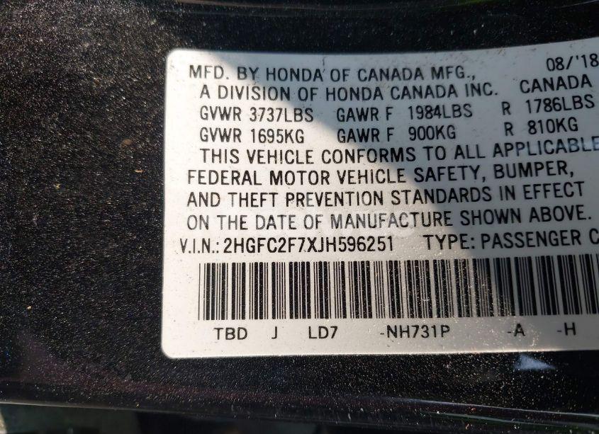 Photo 9 of 2018 Honda Civic EX (VIN 2HGFC2F7XJH596251)