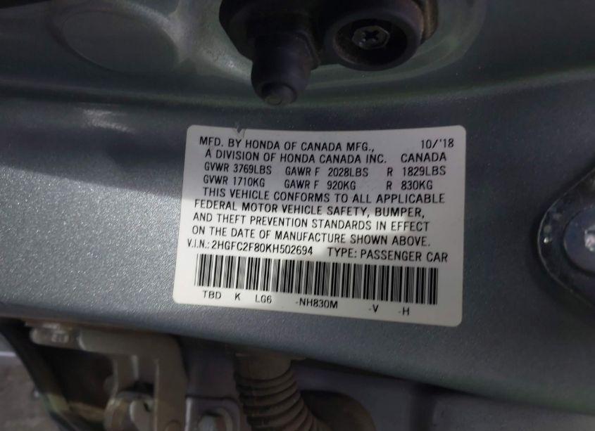 Photo 9 of 2019 Honda Civic SPORT (VIN 2HGFC2F80KH502694)