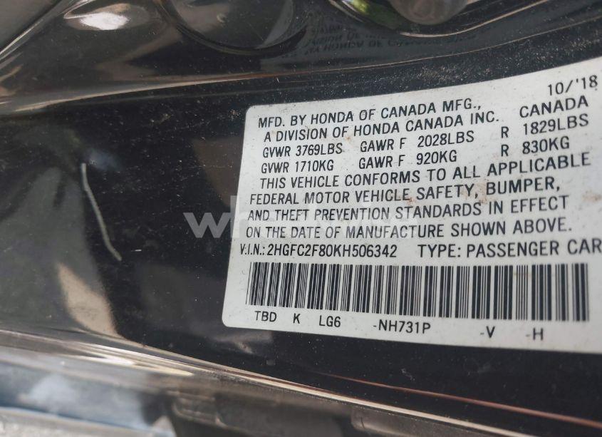 Photo 9 of 2019 Honda Civic SPORT (VIN 2HGFC2F80KH506342)