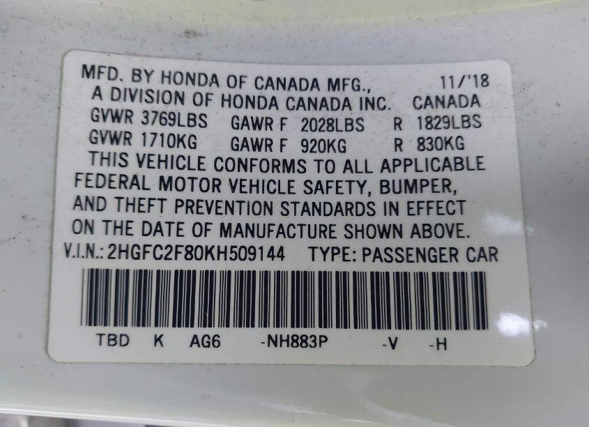 Photo 9 of 2019 Honda Civic SPORT (VIN 2HGFC2F80KH509144)