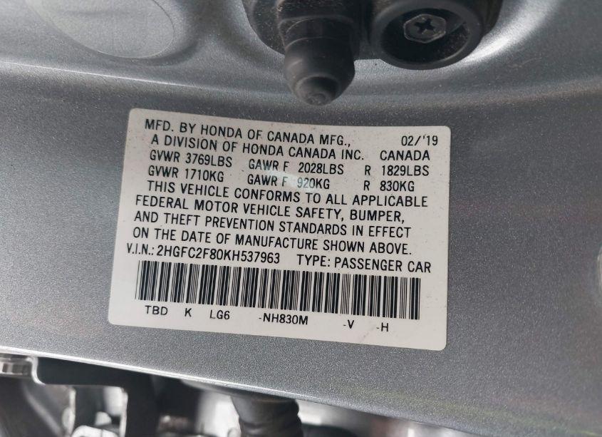 Photo 9 of 2019 Honda Civic SPORT (VIN 2HGFC2F80KH537963)