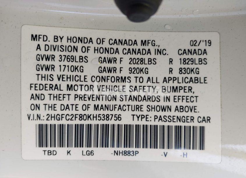 Photo 9 of 2019 Honda Civic SPORT (VIN 2HGFC2F80KH538756)