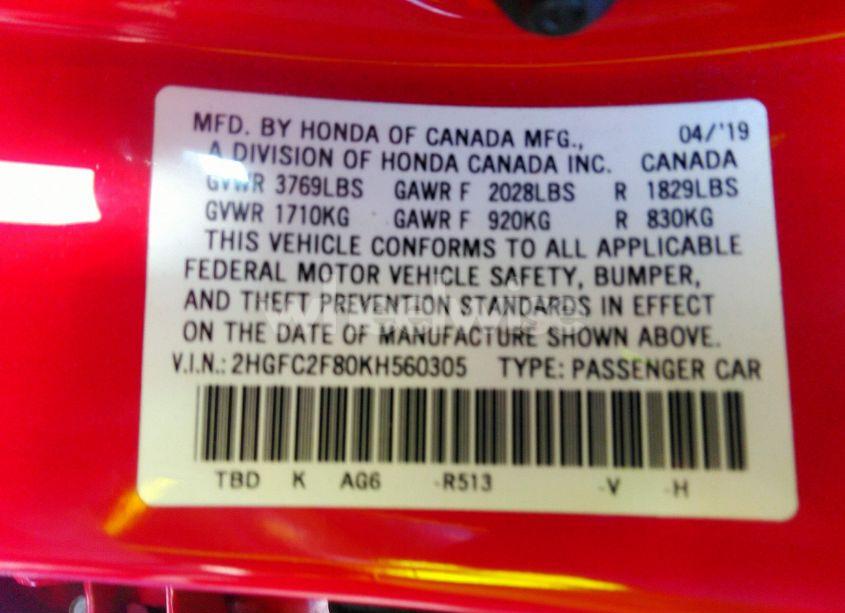 Photo 9 of 2019 Honda Civic SPORT (VIN 2HGFC2F80KH560305)