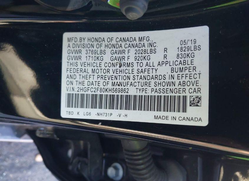 Photo 9 of 2019 Honda Civic SPORT (VIN 2HGFC2F80KH569862)