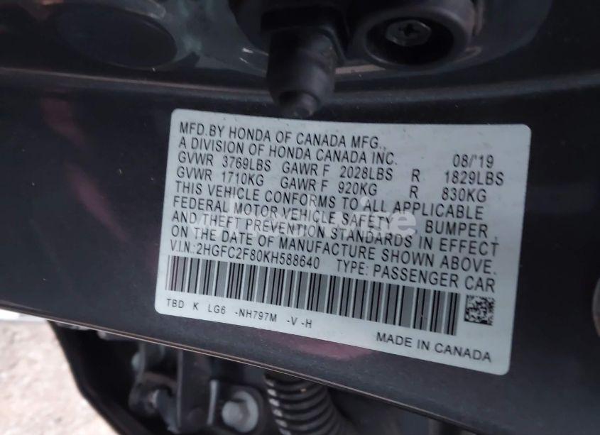 Photo 9 of 2019 Honda Civic SPORT (VIN 2HGFC2F80KH588640)