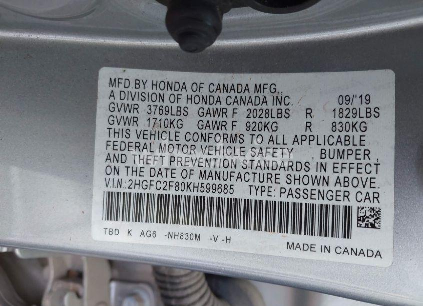 Photo 9 of 2019 Honda Civic SPORT (VIN 2HGFC2F80KH599685)