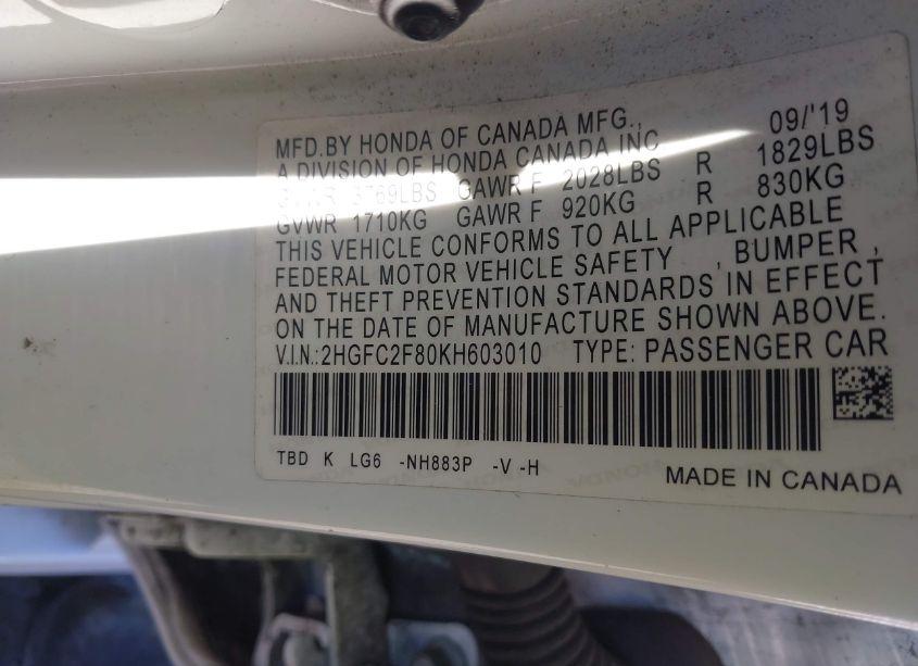 Photo 9 of 2019 Honda Civic SPORT (VIN 2HGFC2F80KH603010)