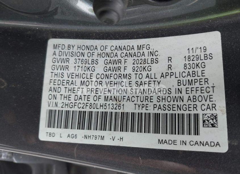 Photo 9 of 2020 Honda Civic SPORT (VIN 2HGFC2F80LH513261)