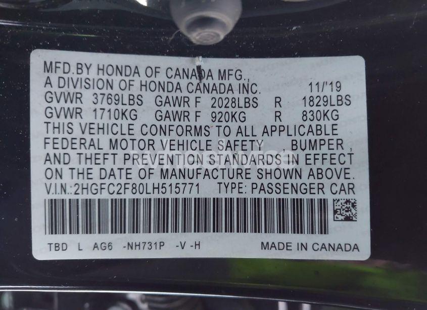 Photo 9 of 2020 Honda Civic SPORT (VIN 2HGFC2F80LH515771)