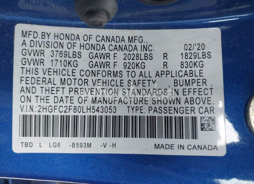 Photo 9 of 2020 Honda Civic SPORT (VIN 2HGFC2F80LH543053)