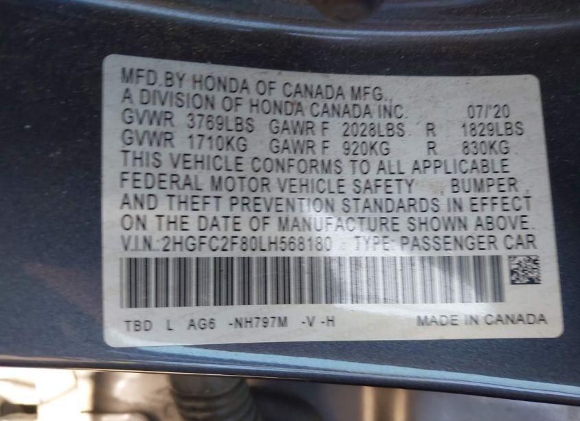 Photo 9 of 2020 Honda Civic SPORT (VIN 2HGFC2F80LH568180)