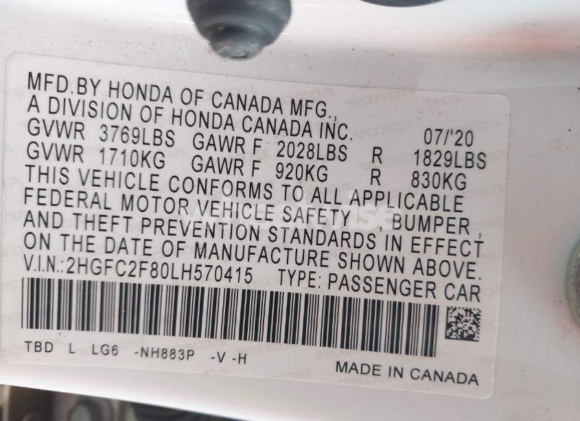 Photo 9 of 2020 Honda Civic SPORT (VIN 2HGFC2F80LH570415)