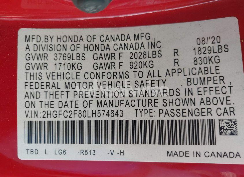 Photo 9 of 2020 Honda Civic SPORT (VIN 2HGFC2F80LH574643)