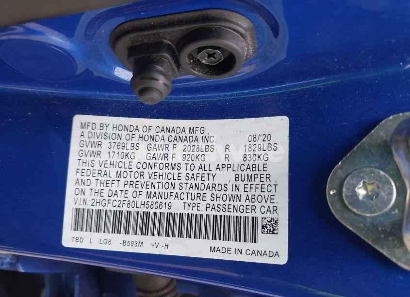 Photo 9 of 2020 Honda Civic SPORT (VIN 2HGFC2F80LH580619)
