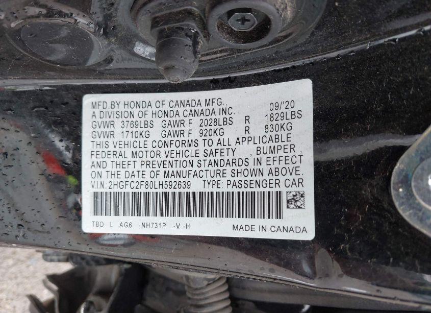 Photo 9 of 2020 Honda Civic SPORT (VIN 2HGFC2F80LH592639)