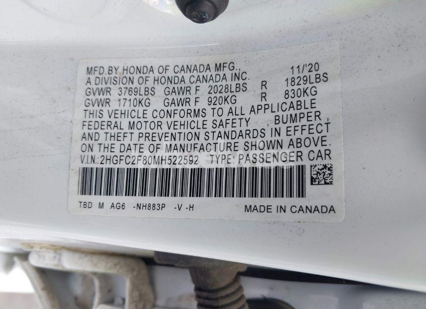 Photo 9 of 2021 Honda Civic SPORT (VIN 2HGFC2F80MH522592)
