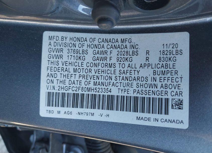 Photo 9 of 2021 Honda Civic SPORT (VIN 2HGFC2F80MH523354)