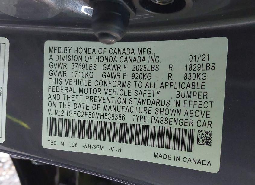 Photo 9 of 2021 Honda Civic SPORT (VIN 2HGFC2F80MH538386)
