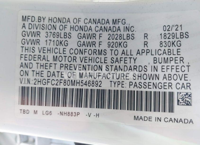 Photo 9 of 2021 Honda Civic SPORT (VIN 2HGFC2F80MH546892)