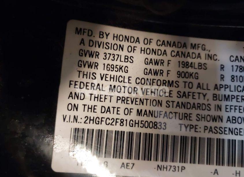 Photo 9 of 2016 Honda Civic EX (VIN 2HGFC2F81GH500833)