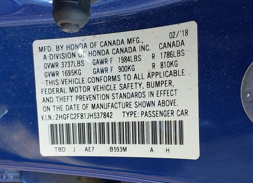 Photo 8 of 2018 Honda Civic EX (VIN 2HGFC2F81JH537842)