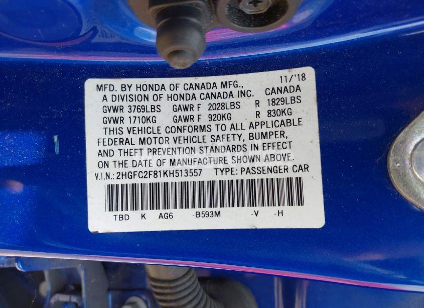 Photo 9 of 2019 Honda Civic SPORT (VIN 2HGFC2F81KH513557)