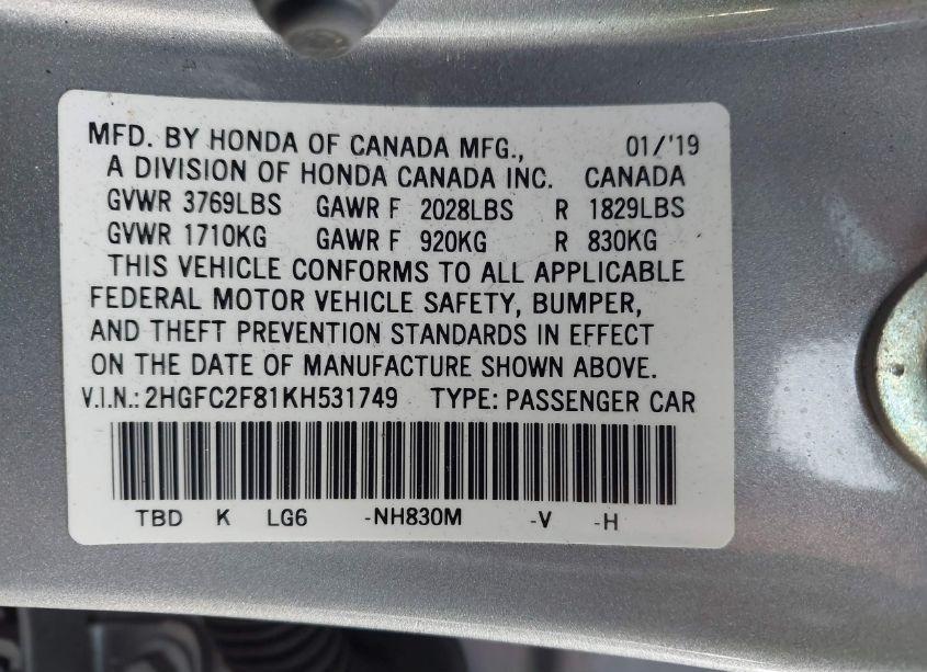 Photo 9 of 2019 Honda Civic SPORT (VIN 2HGFC2F81KH531749)