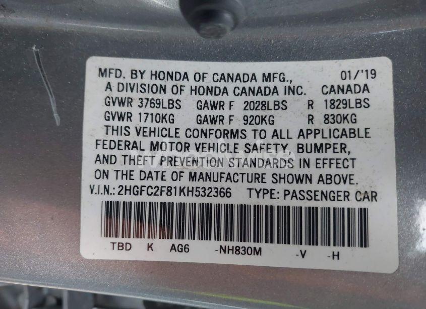 Photo 9 of 2019 Honda Civic SPORT (VIN 2HGFC2F81KH532366)