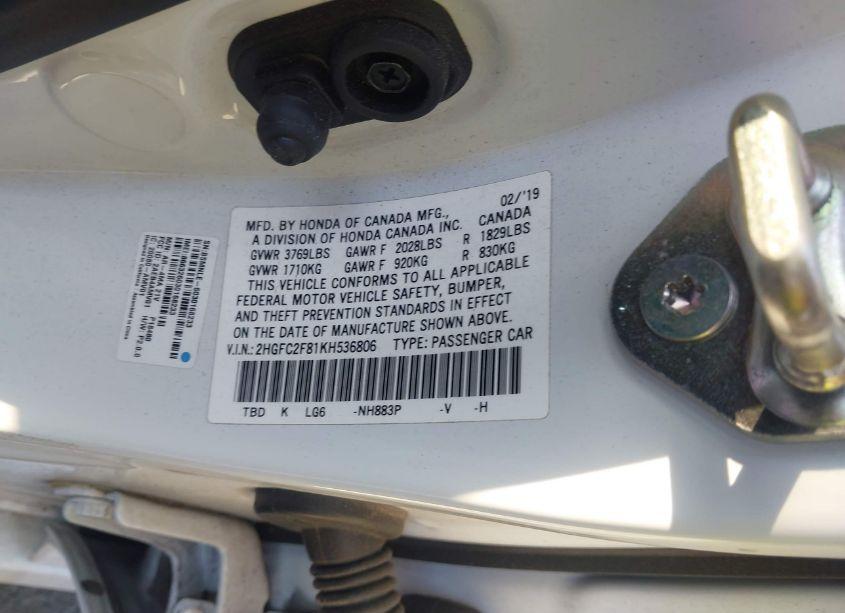 Photo 9 of 2019 Honda Civic SPORT (VIN 2HGFC2F81KH536806)