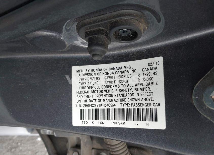 Photo 9 of 2019 Honda Civic SPORT (VIN 2HGFC2F81KH540564)