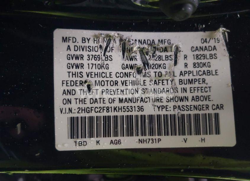 Photo 9 of 2019 Honda Civic SPORT (VIN 2HGFC2F81KH553136)