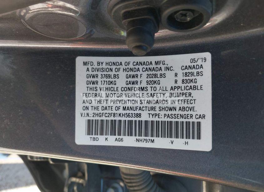 Photo 9 of 2019 Honda Civic SPORT (VIN 2HGFC2F81KH563388)