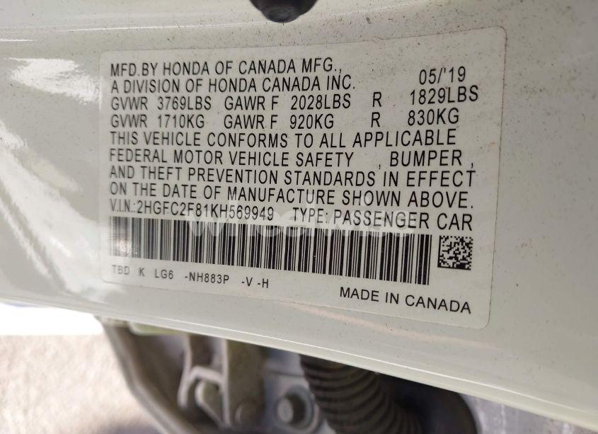 Photo 9 of 2019 Honda Civic SPORT (VIN 2HGFC2F81KH569949)