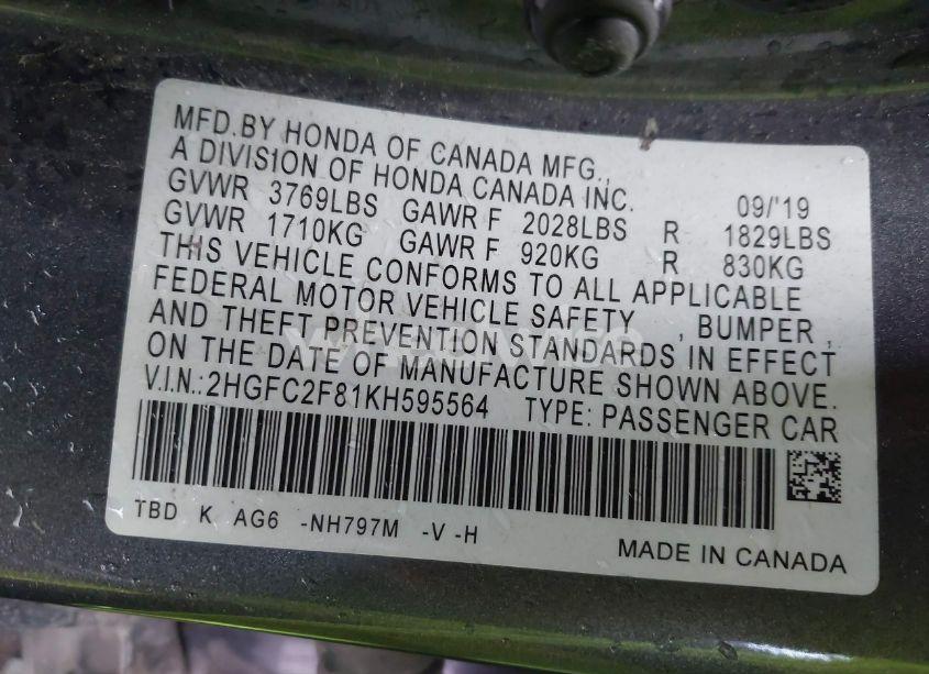 Photo 9 of 2019 Honda Civic SPORT (VIN 2HGFC2F81KH595564)