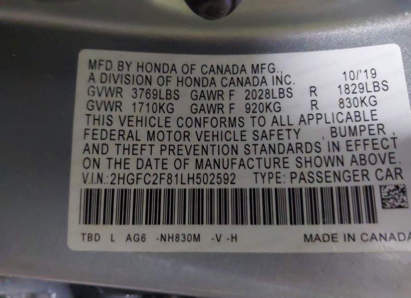 Photo 9 of 2020 Honda Civic SPORT (VIN 2HGFC2F81LH502592)