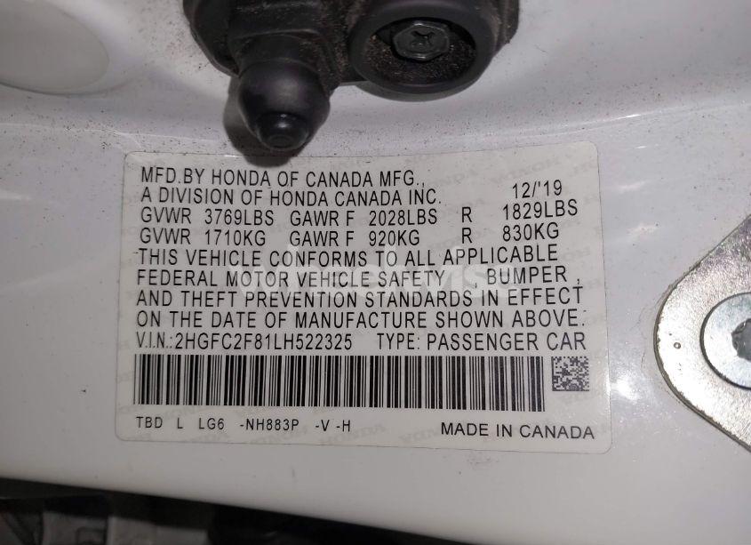 Photo 9 of 2020 Honda Civic SPORT (VIN 2HGFC2F81LH522325)