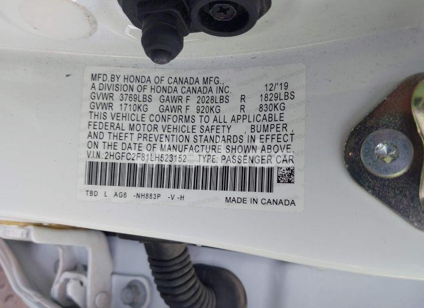 Photo 9 of 2020 Honda Civic SPORT (VIN 2HGFC2F81LH523152)