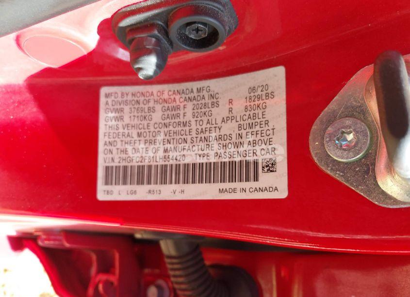 Photo 9 of 2020 Honda Civic SPORT (VIN 2HGFC2F81LH554420)