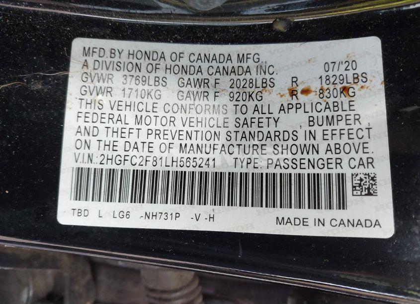 Photo 9 of 2020 Honda Civic SPORT (VIN 2HGFC2F81LH565241)