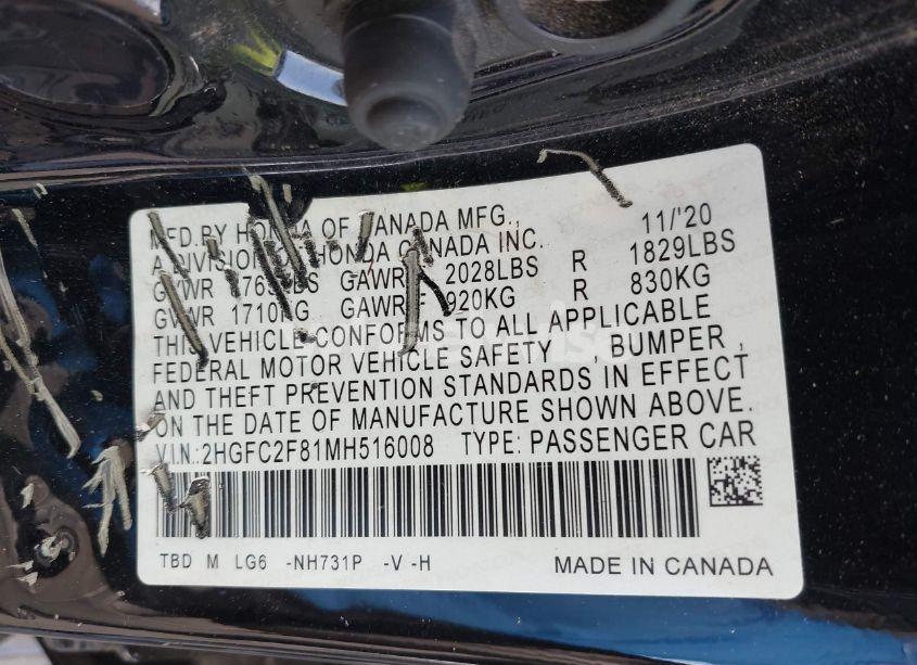 Photo 9 of 2021 Honda Civic SPORT (VIN 2HGFC2F81MH516008)
