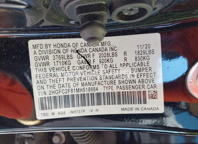 Photo 9 of 2021 Honda Civic SPORT (VIN 2HGFC2F81MH518664)