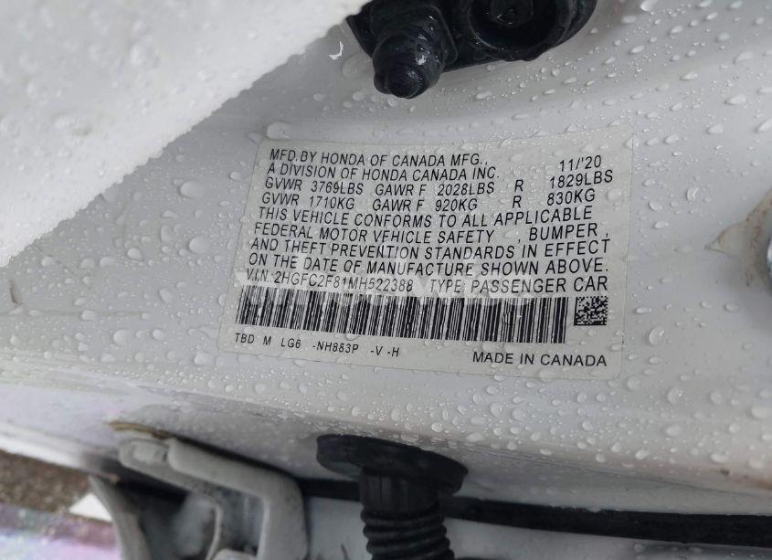 Photo 9 of 2021 Honda Civic SPORT (VIN 2HGFC2F81MH522388)