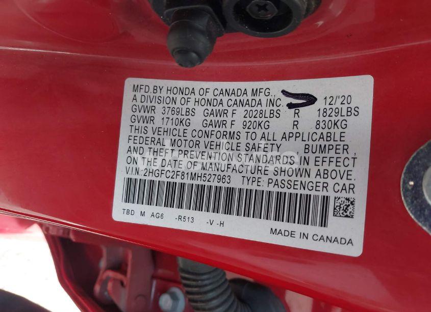 Photo 9 of 2021 Honda Civic SPORT (VIN 2HGFC2F81MH527963)