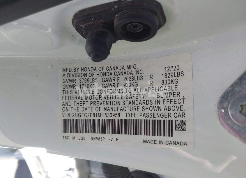 Photo 9 of 2021 Honda Civic SPORT (VIN 2HGFC2F81MH530958)