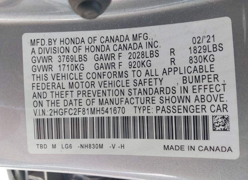 Photo 9 of 2021 Honda Civic SPORT (VIN 2HGFC2F81MH541670)
