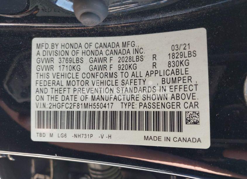 Photo 9 of 2021 Honda Civic SPORT (VIN 2HGFC2F81MH550417)