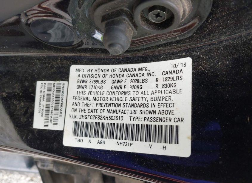 Photo 9 of 2019 Honda Civic SPORT (VIN 2HGFC2F82KH503510)