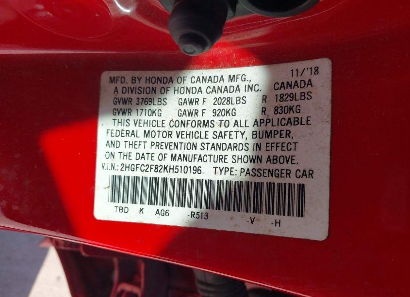 Photo 9 of 2019 Honda Civic SPORT (VIN 2HGFC2F82KH510196)