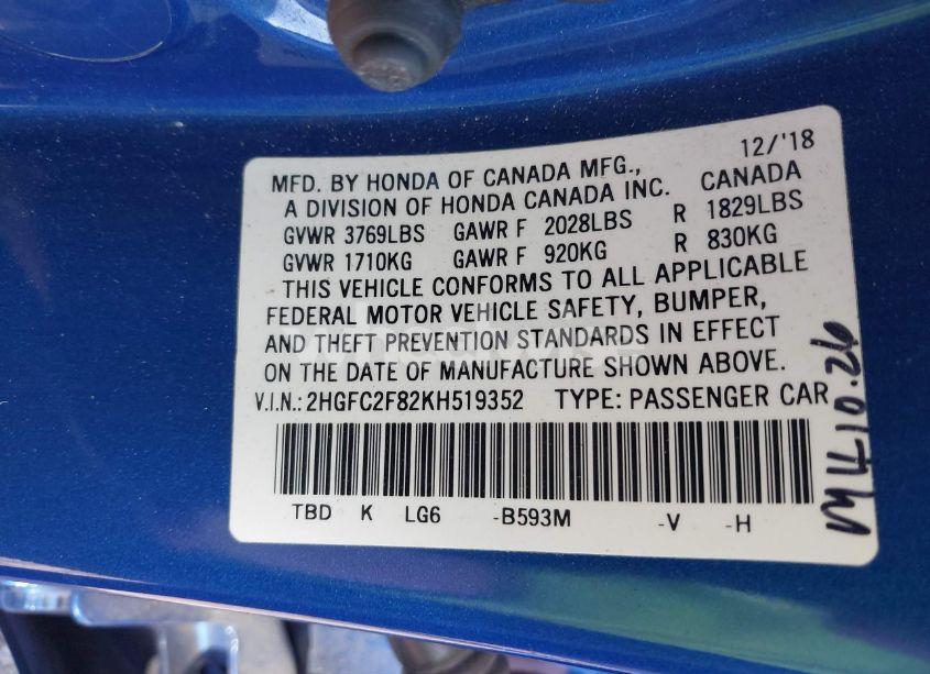 Photo 9 of 2019 Honda Civic SPORT (VIN 2HGFC2F82KH519352)